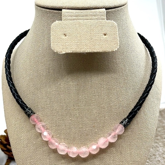 Jewelry - Rose Quartz Braided Black Leather Sterling Silver Adjustable Choker Necklace